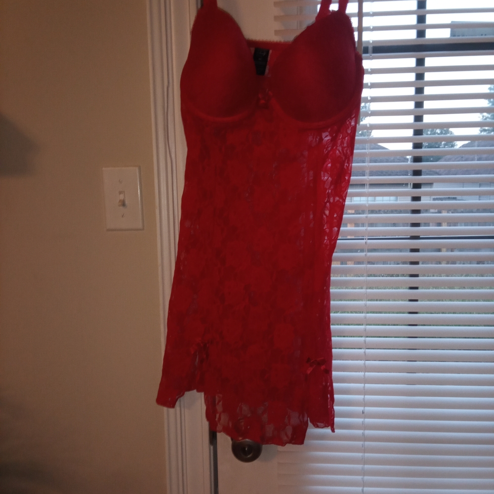 4/$12Smart &Sexy Red Lace Chemise with Floral Patterns Split Up Each Front Thigh